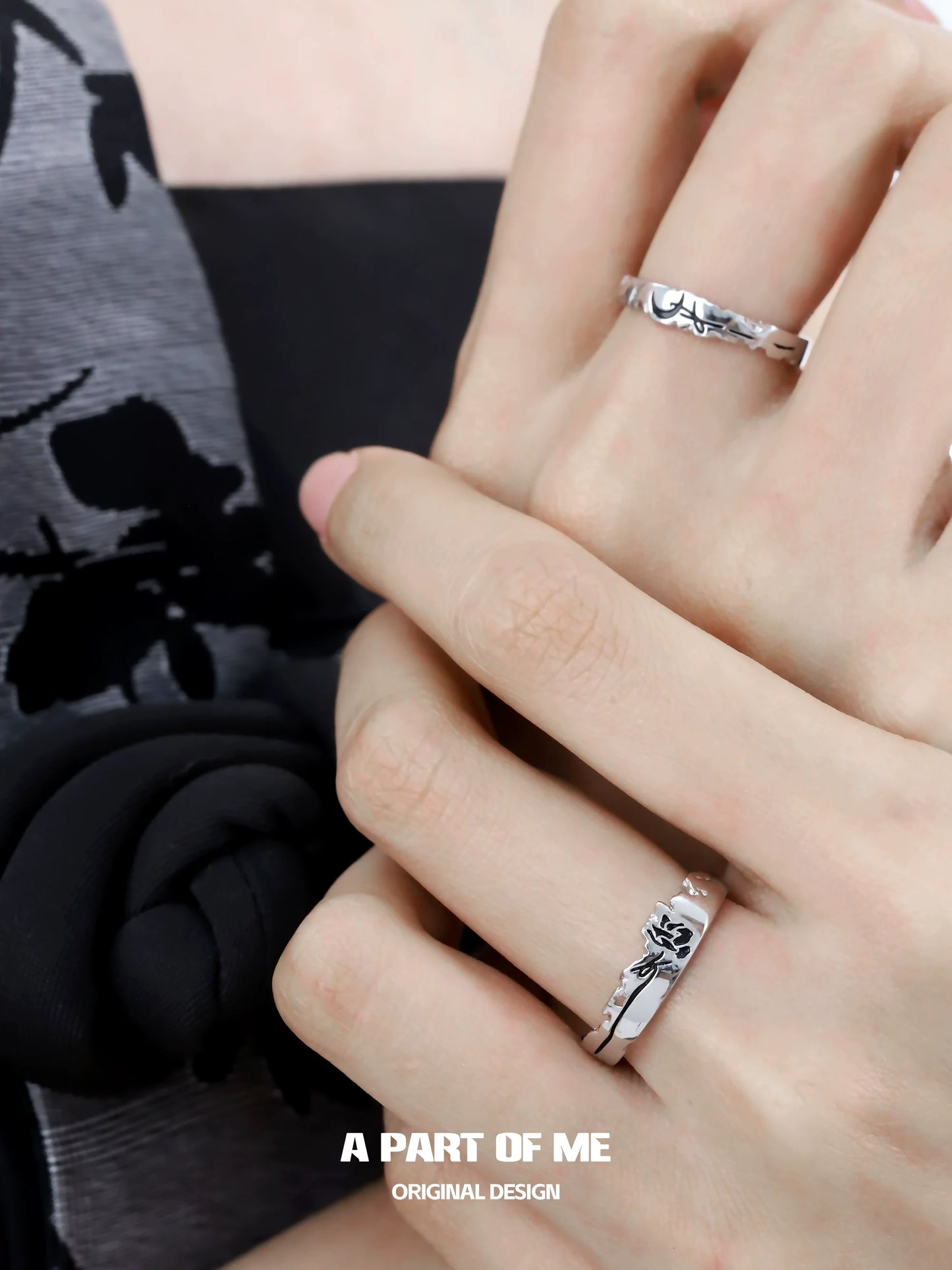 Moon rose couple rings in silver with intricate floral designs, perfect for romantic gift giving