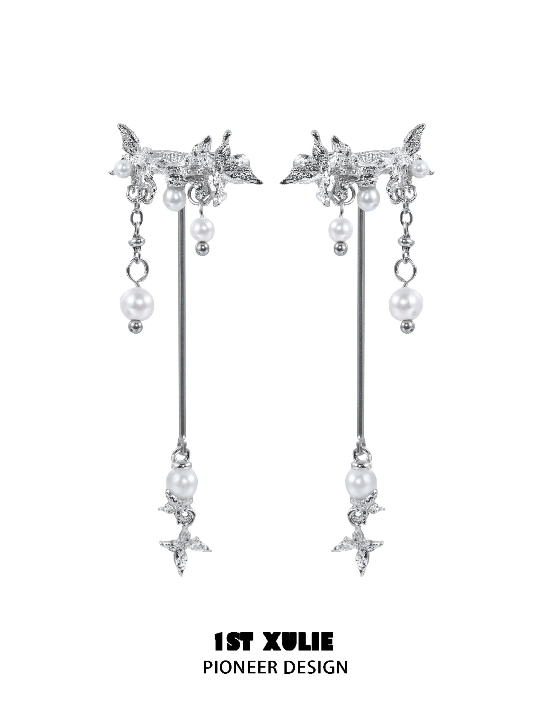 Elegant mystic butterfly ear clips with dangling pearls and intricate design from 1STXULIE