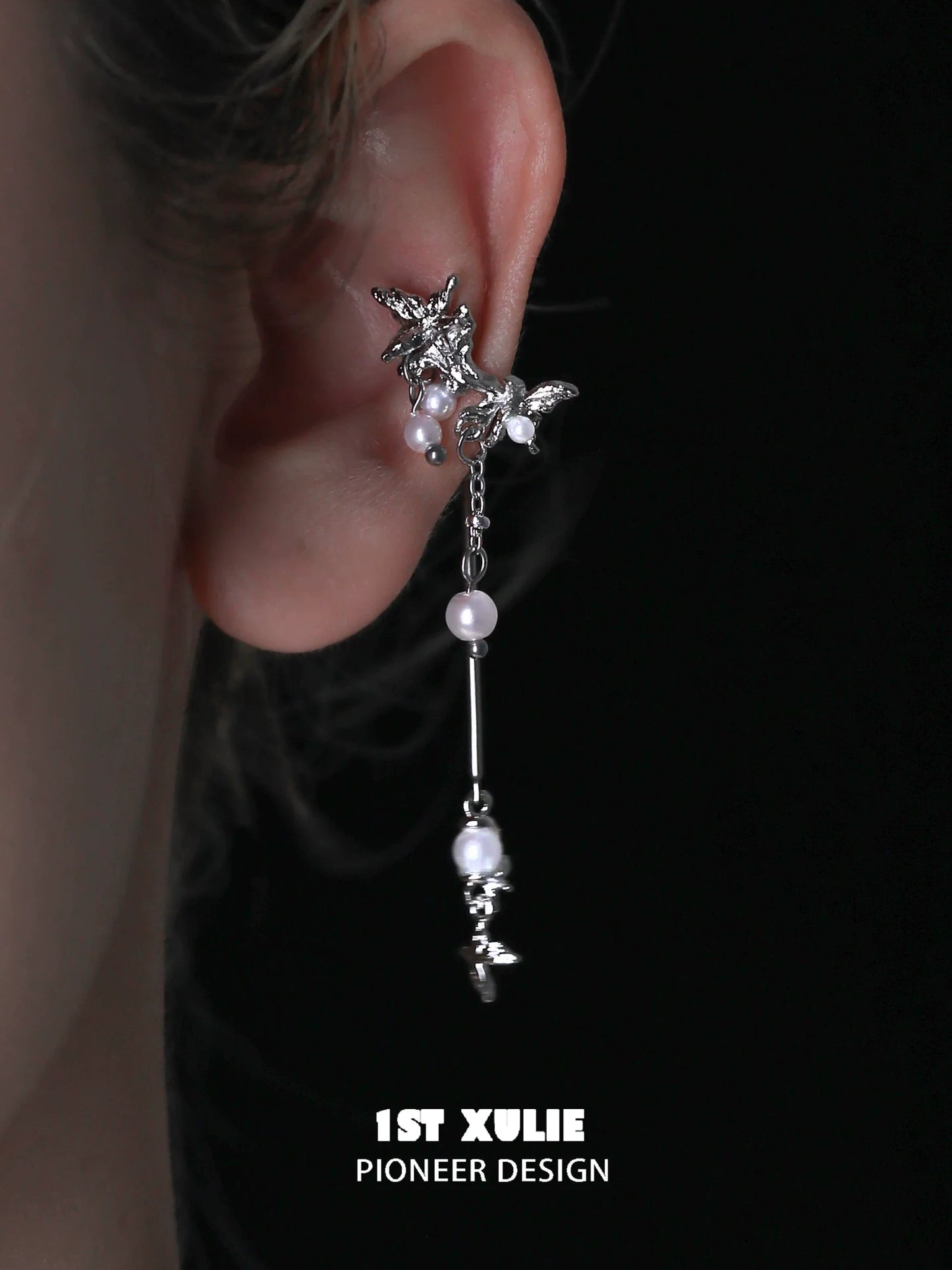 1STXULIE Mystic Butterfly Ear Clips with Elegant Pearls and Silver Accents for Stylish Jewelry Wear
