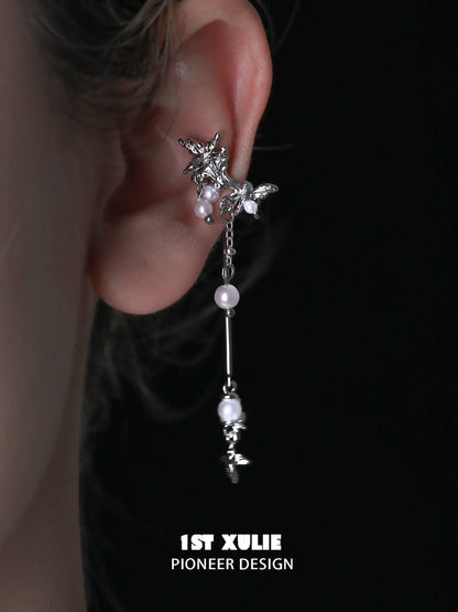 1STXULIE Mystic Butterfly Ear Clips with Elegant Pearls and Silver Accents for Stylish Jewelry Wear