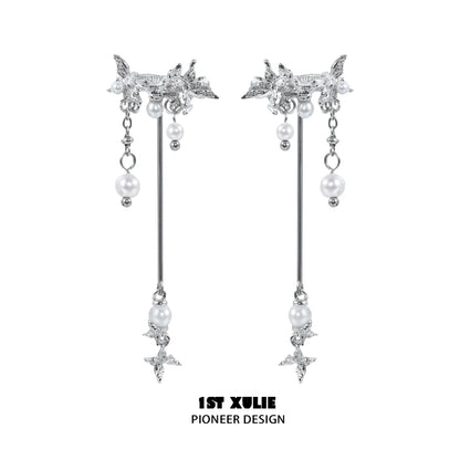 Elegant 1STXULIE mystic butterfly ear clips with hanging pearls and star charms