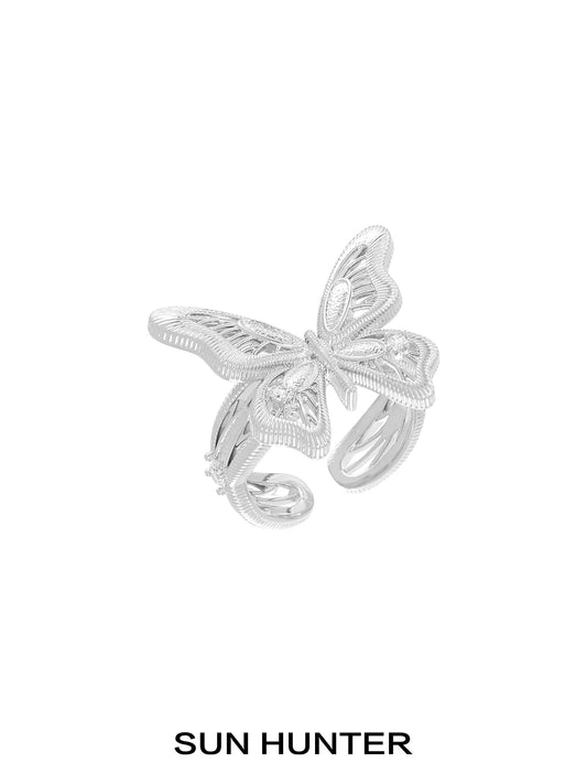SUN HUNTER Mystic Butterfly Ring in Silver with Intricate Wings Design