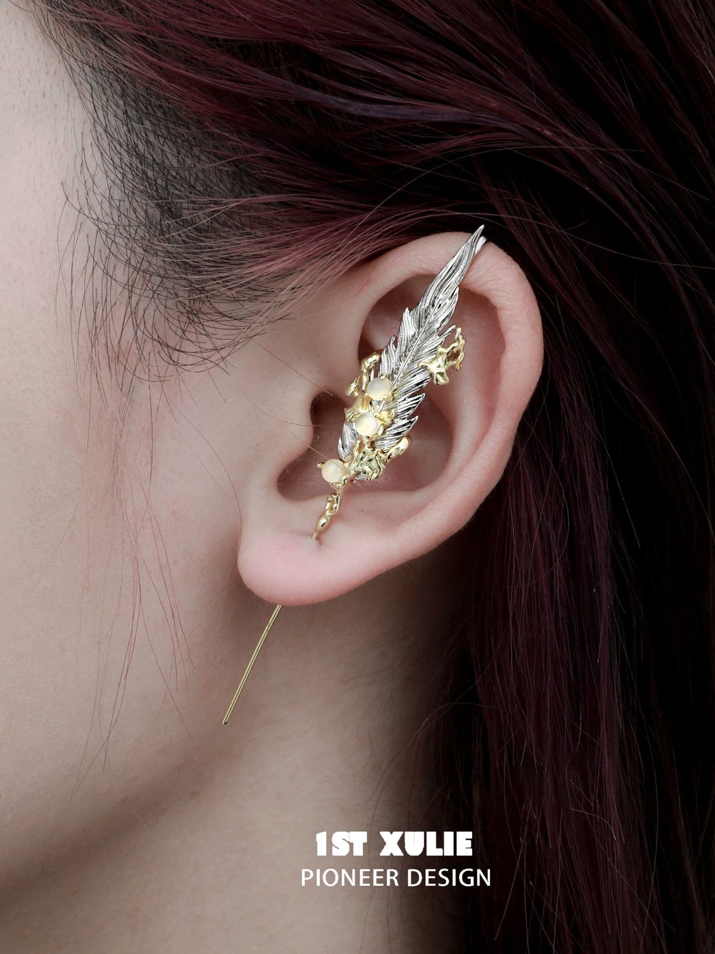 1ST XULIE Mystic Feather Piercing Earring in Silver and Gold, Elegant Ear Jewelry for Unique Style