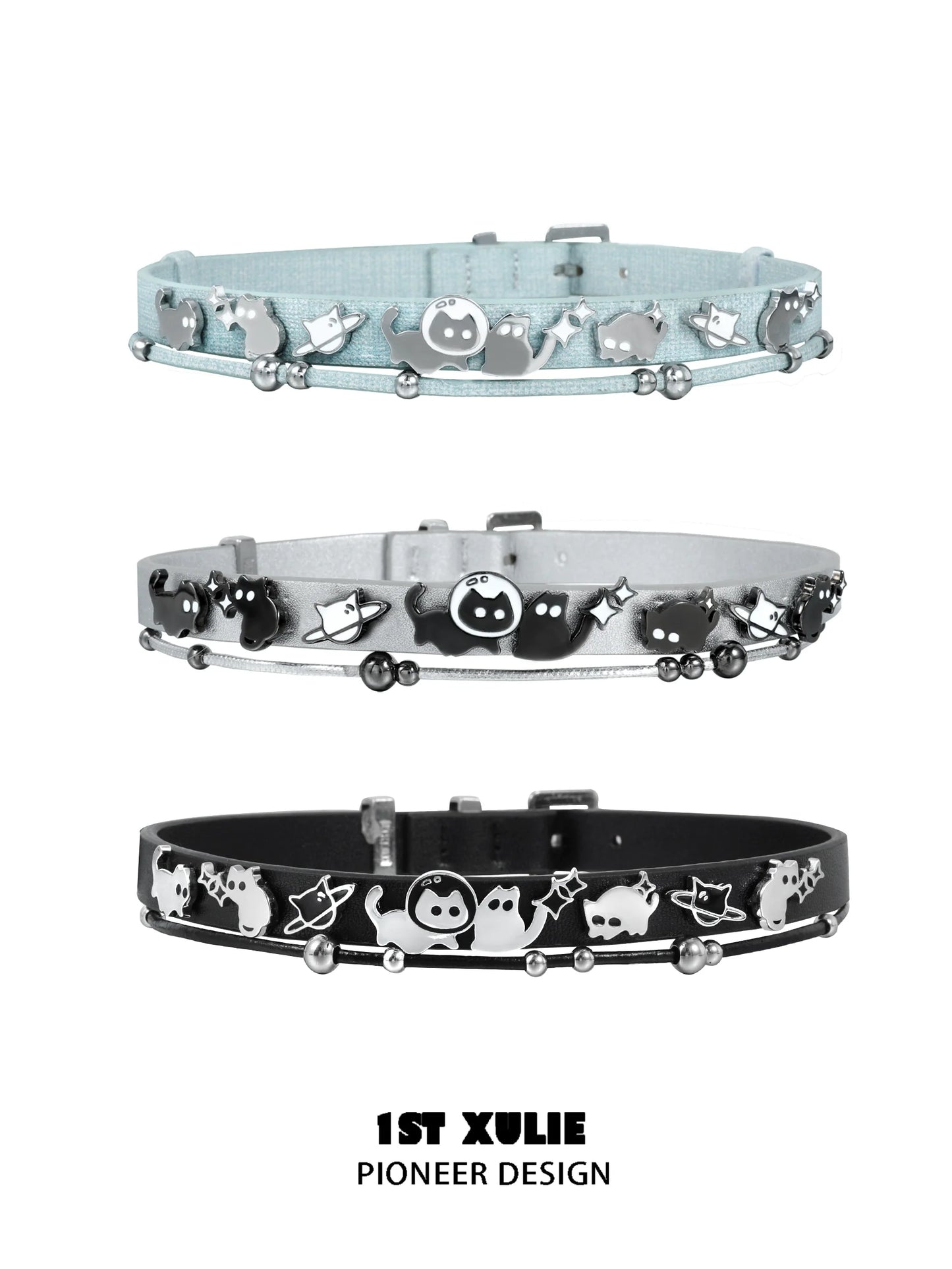 Colorful 1STXULIE collars featuring playful designs with cats and accessories for pet lovers