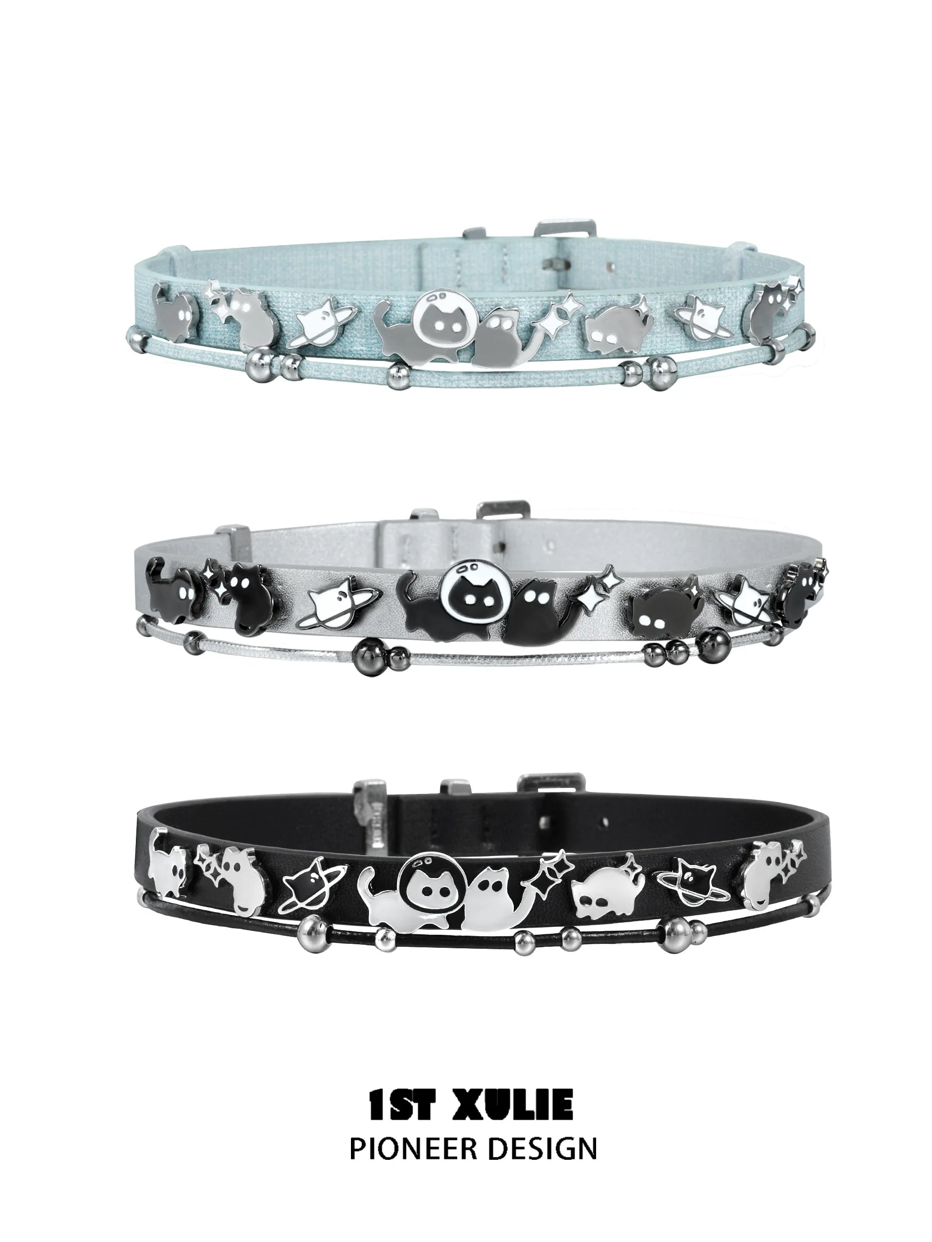Colorful 1STXULIE collars featuring playful designs with cats and accessories for pet lovers