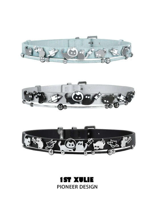 Colorful 1STXULIE collars featuring playful designs with cats and accessories for pet lovers