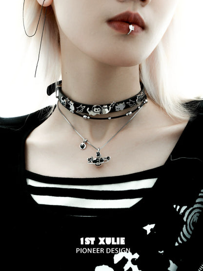 Stylish 1STXULIE owl leather necklace layered with silver chains for a unique fashion statement