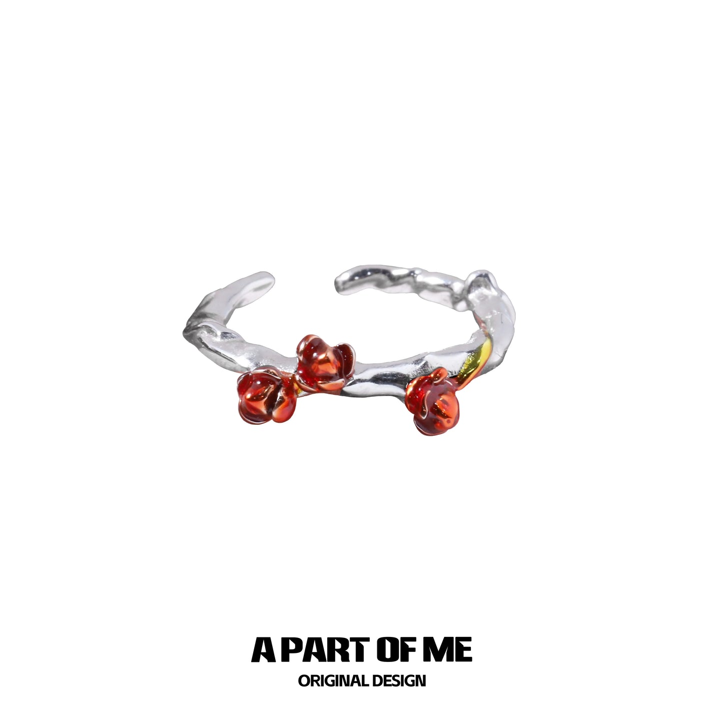 Heartburst rose silver ring with delicate red rose accents and a textured band for a unique design