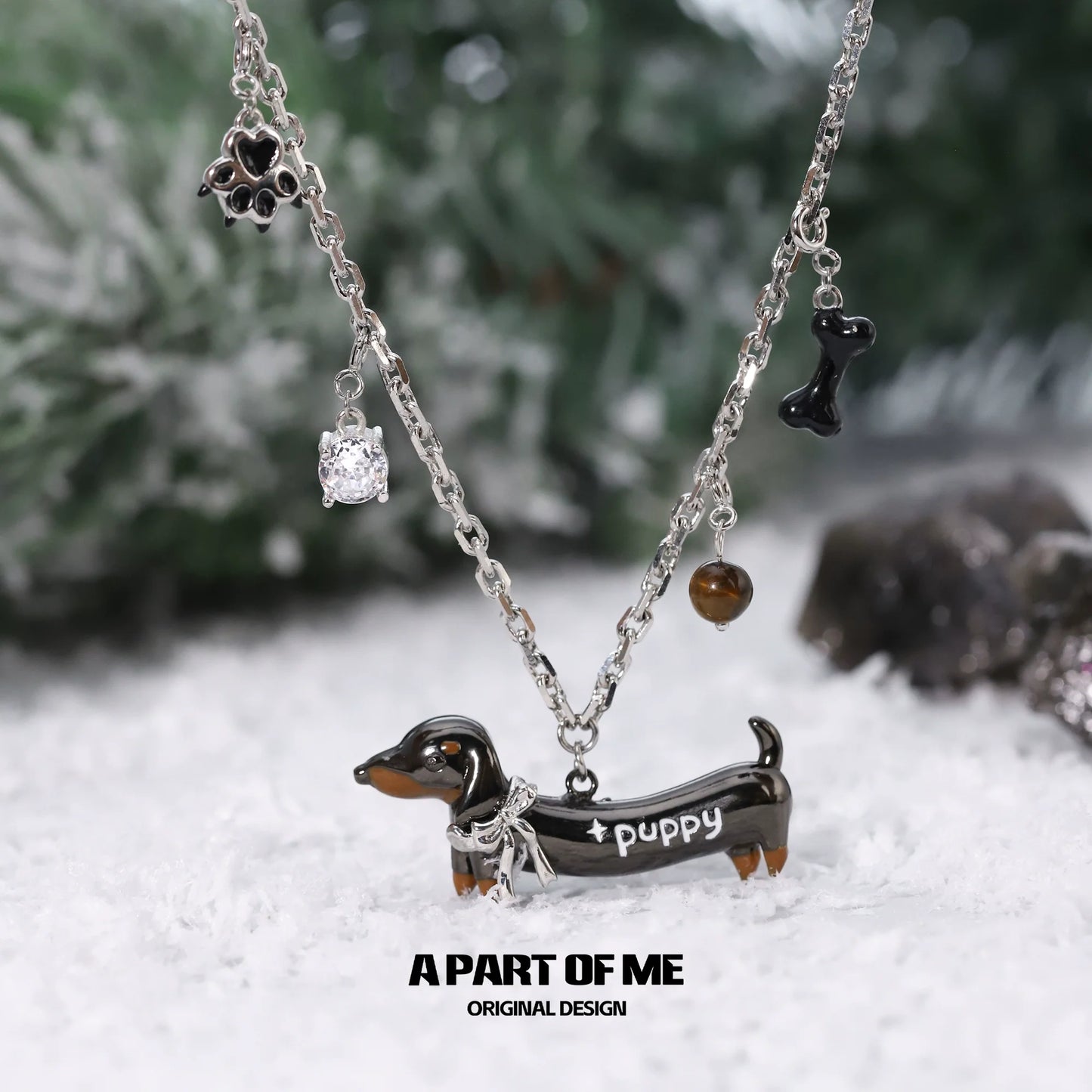 Lucky dachshund necklace by A PART OF ME featuring a cute dachshund charm and decorative embellishments