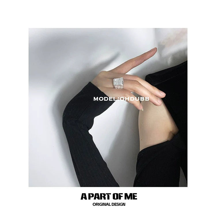 A PART OF ME silver foil textured ring displayed elegantly on a model's hand