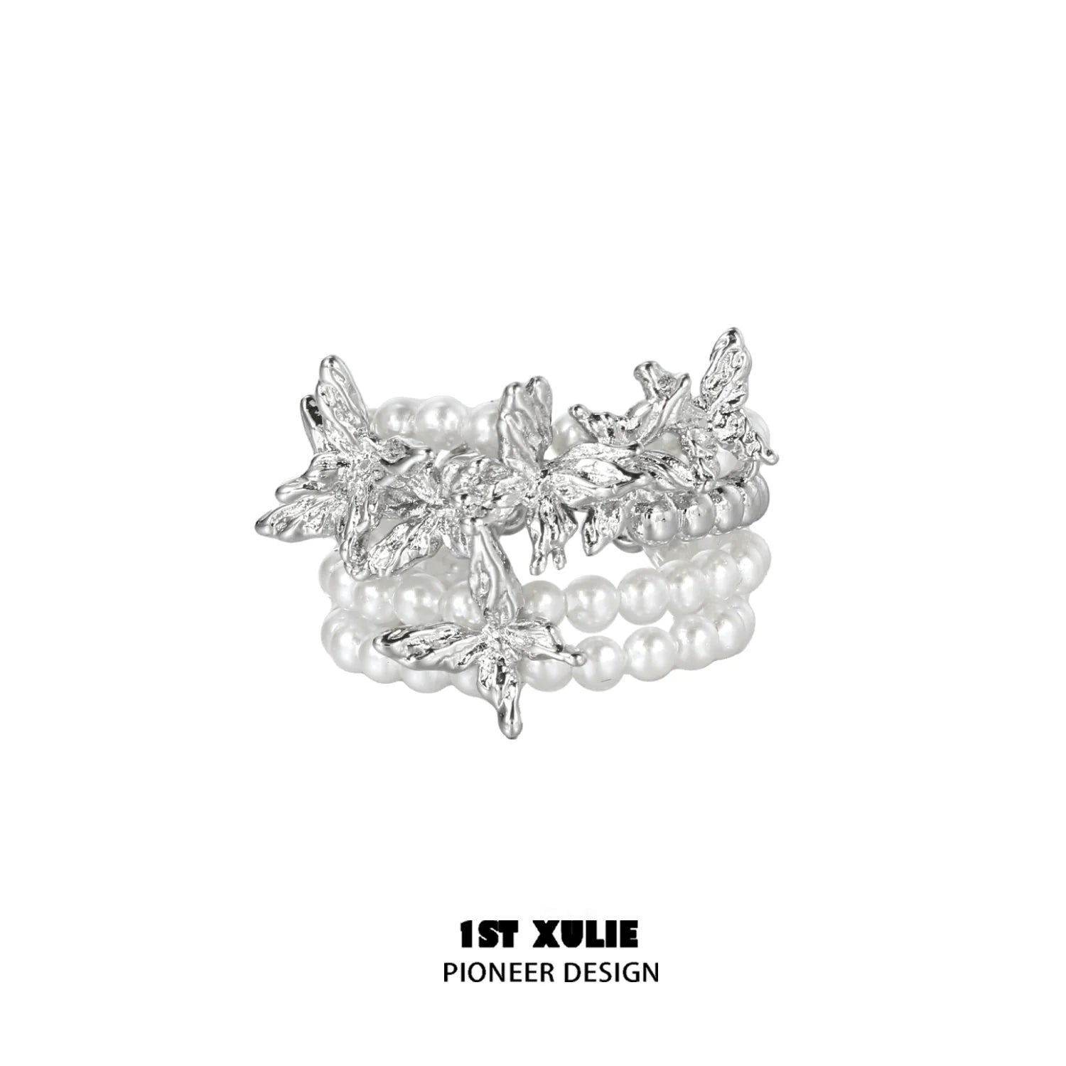 1ST XULIE pearl butterfly ring featuring intricate leaf designs and elegant pearl accents