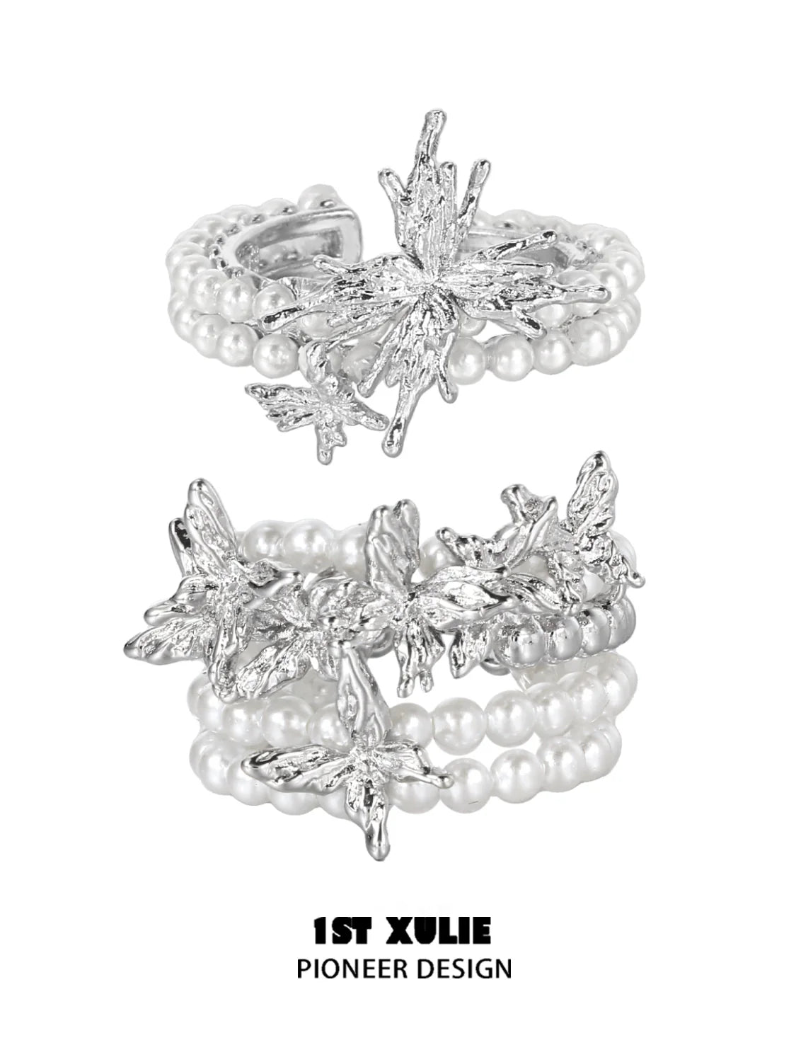 Elegant pearl butterfly ring with silver detailing and multiple pearl strands for a vintage look