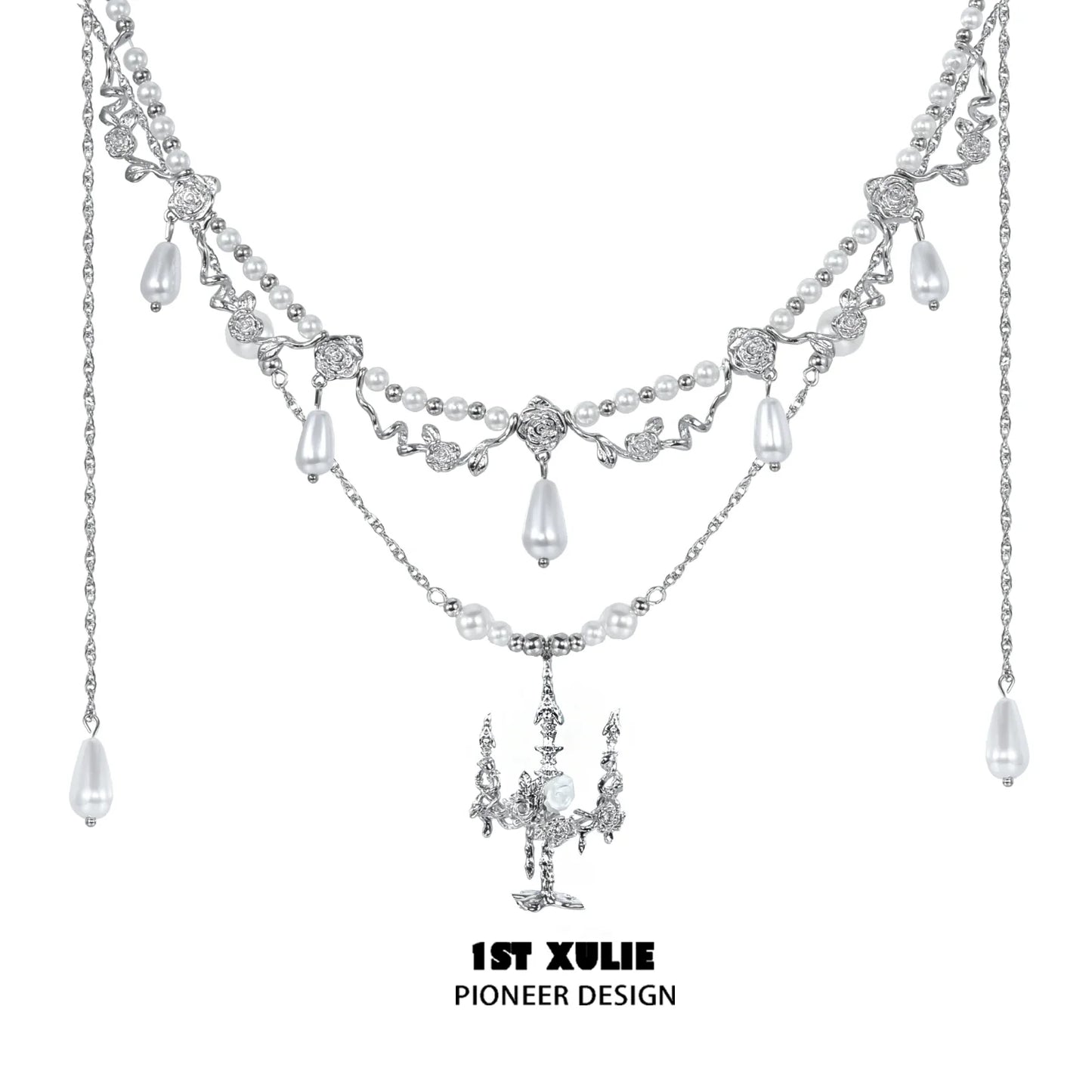 Elegant 1STXULIE pearl clavicle necklace featuring intricate silver designs and dangling pearls
