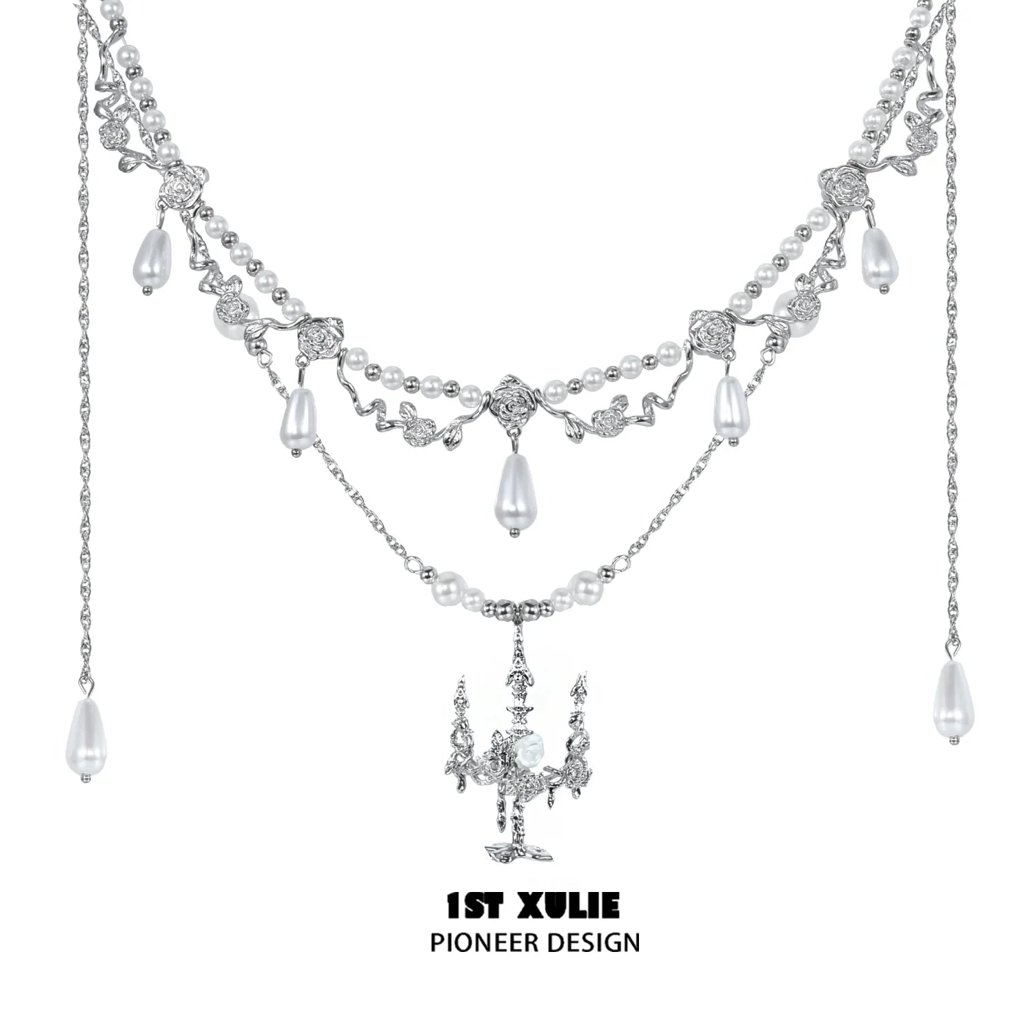Elegant 1STXULIE pearl clavicle necklace featuring intricate silver designs and dangling pearls