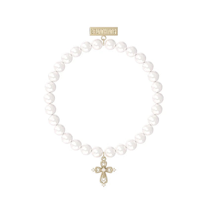 Elegant pearl cross bracelet featuring a delicate cross charm and shiny white pearls
