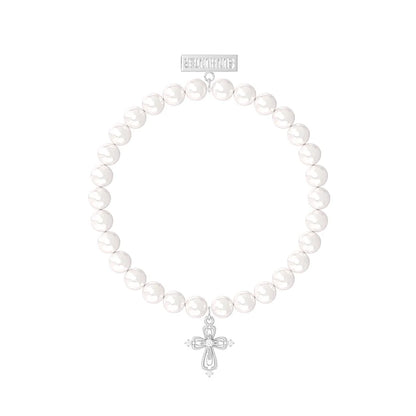 Elegant pearl cross bracelet featuring white pearls and a silver cross charm for stylish expression
