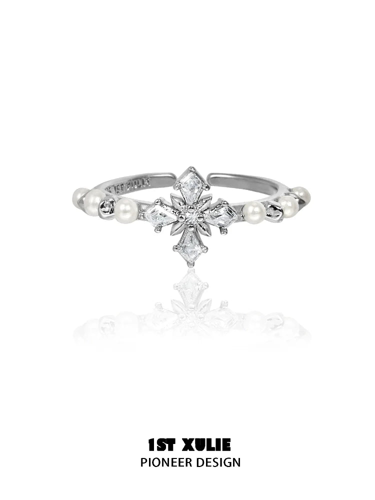 1ST XULIE pearl cross silver ring featuring sparkling stones and elegant pearls for a unique look