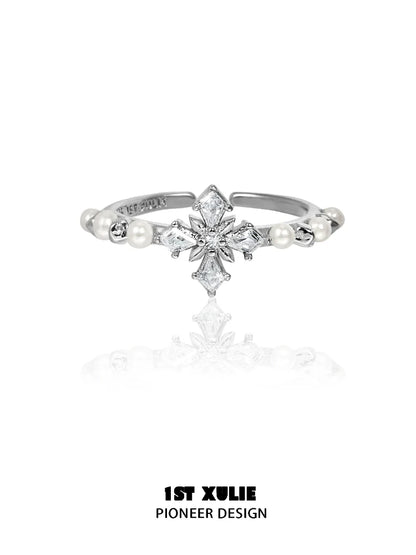 1ST XULIE pearl cross silver ring featuring sparkling stones and elegant pearls for a unique look