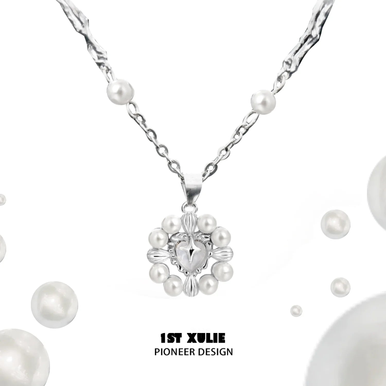 Elegant pearl statement necklace by 1ST XULIE featuring a unique design with various pearl sizes