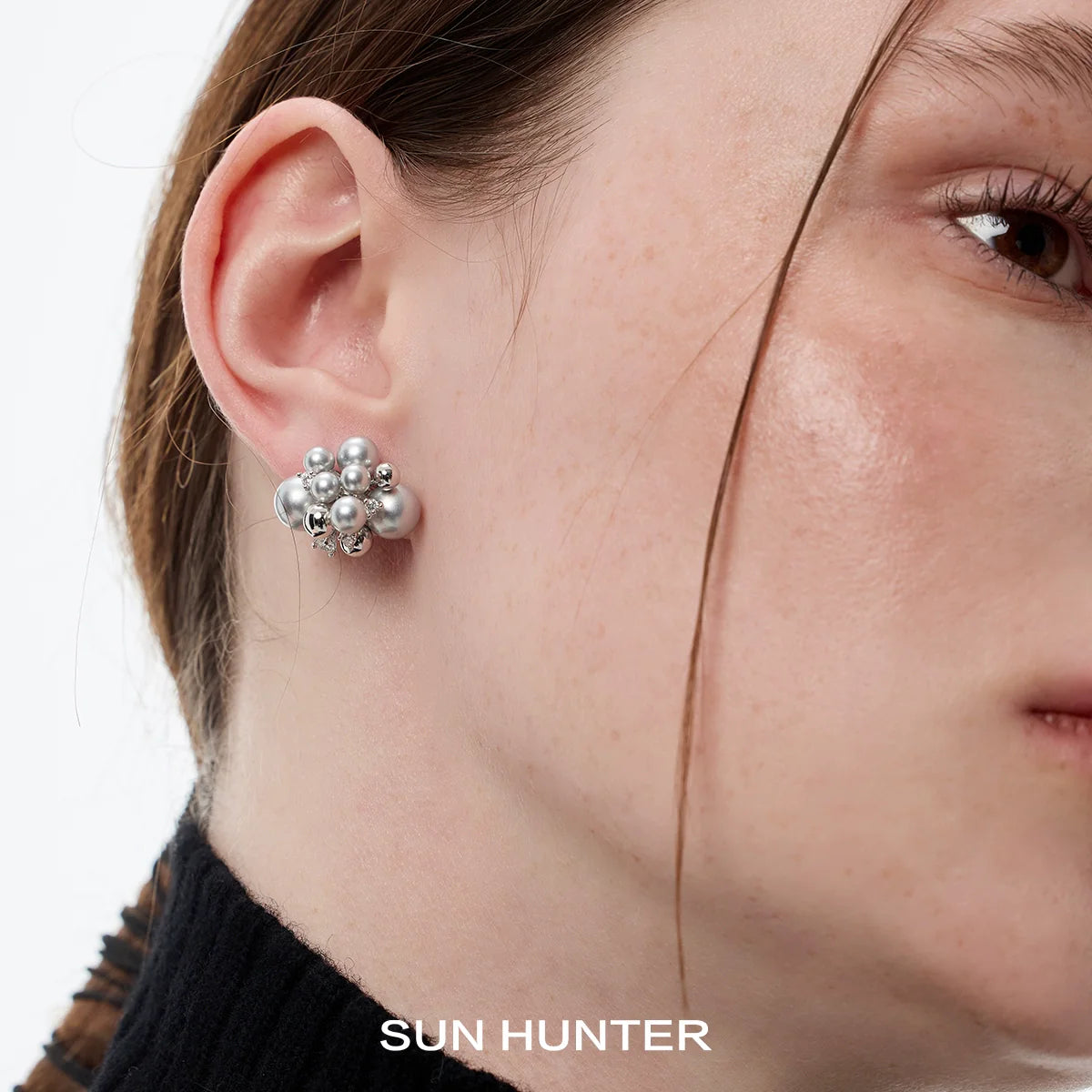 SUN HUNTER pearl zircon statement earrings with a unique cluster design for elegant style