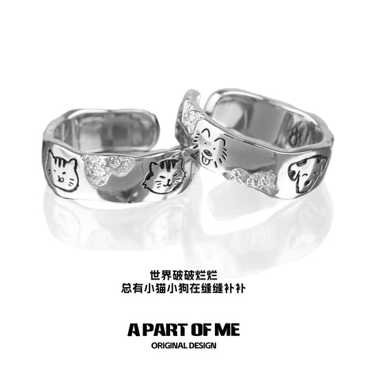 Silver A PART OF ME pet couple rings featuring cute pet designs and sparkling accents