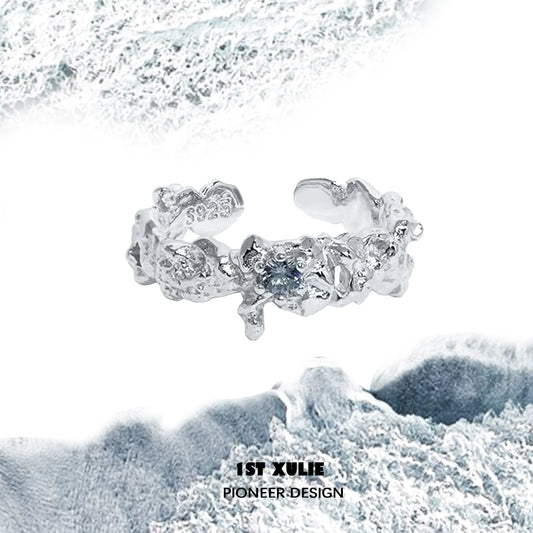 1STXULIE Aurora Glacier Silver Ring featuring intricate design with natural motifs
