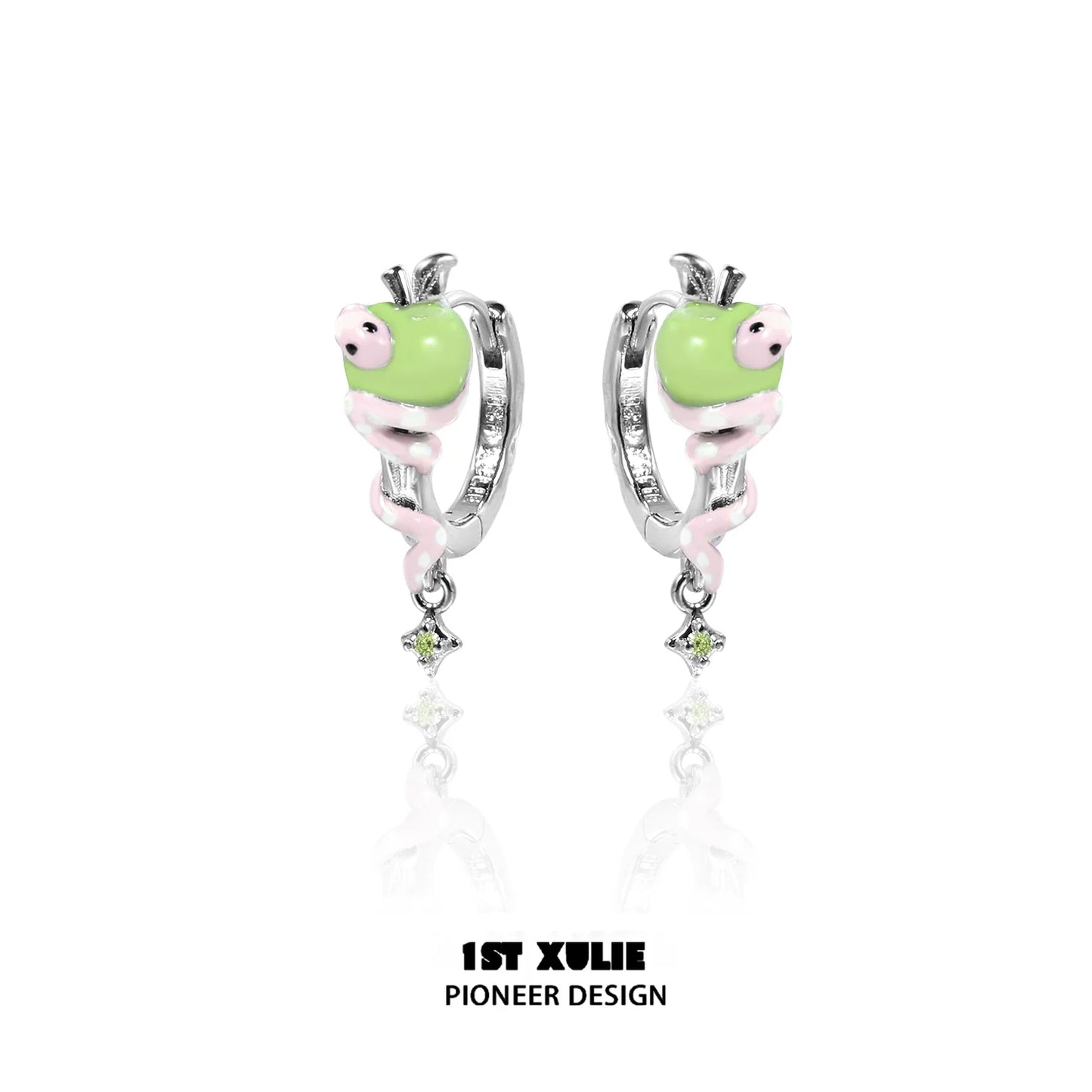 Forbidden apple snake ear clip with shiny silver accents and colorful enamel design