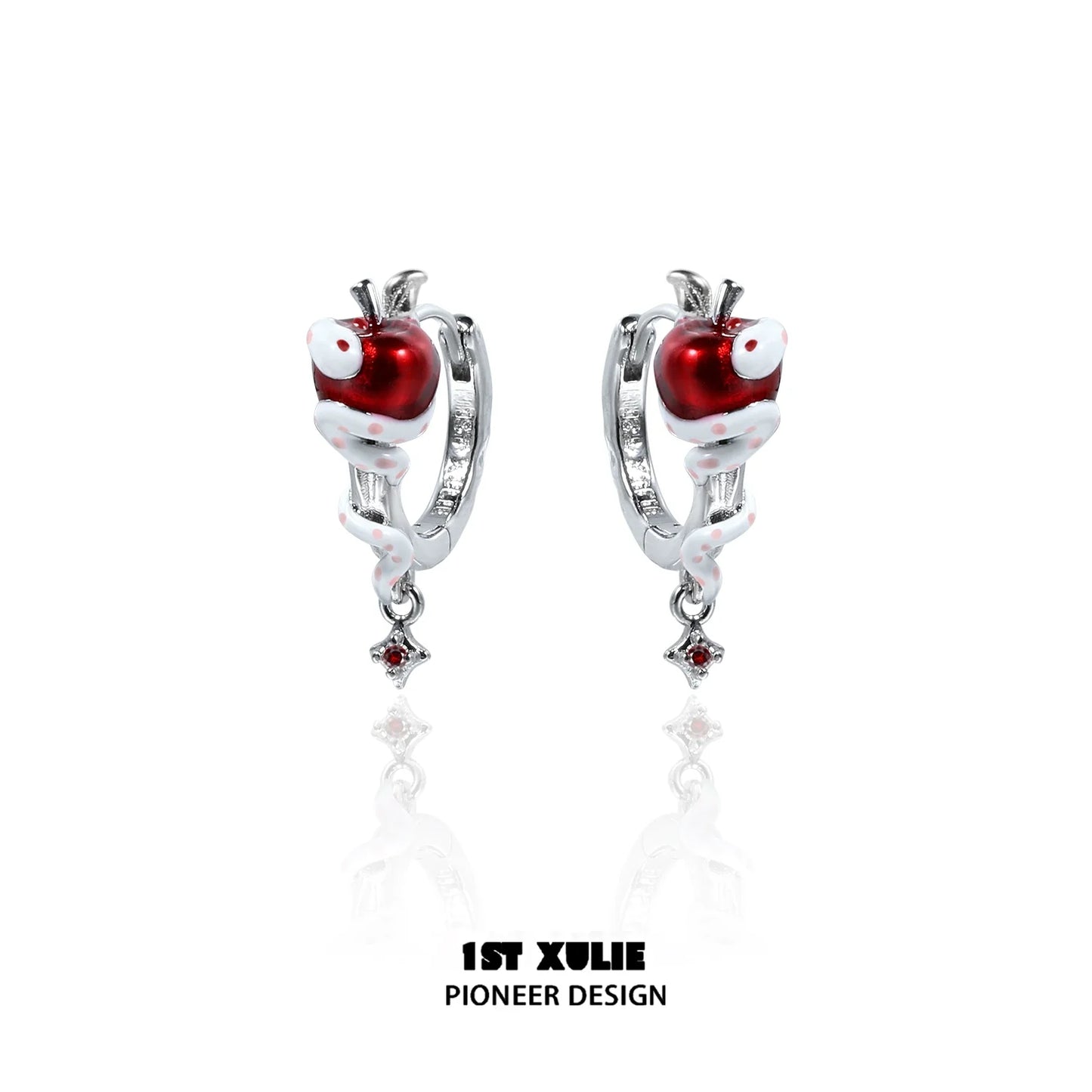1STXULIE Forbidden Apple Snake Ear Clip with Red Enamel and Silver Detailing for Unique Style