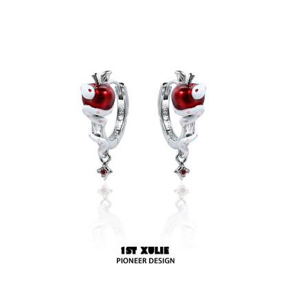 1STXULIE Forbidden Apple Snake Ear Clip with Red Enamel and Silver Detailing for Unique Style
