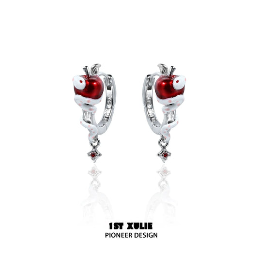 1STXULIE Forbidden Apple Snake Ear Clip with Red Enamel and Silver Detailing for Unique Style