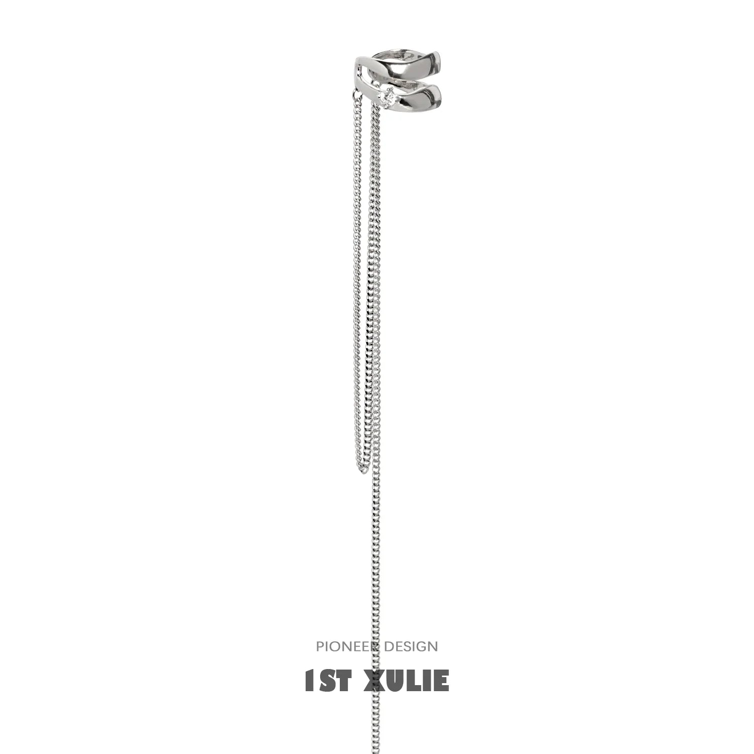 Sleek silver punk tassel ear cuff with chain detailing for a bold fashion statement
