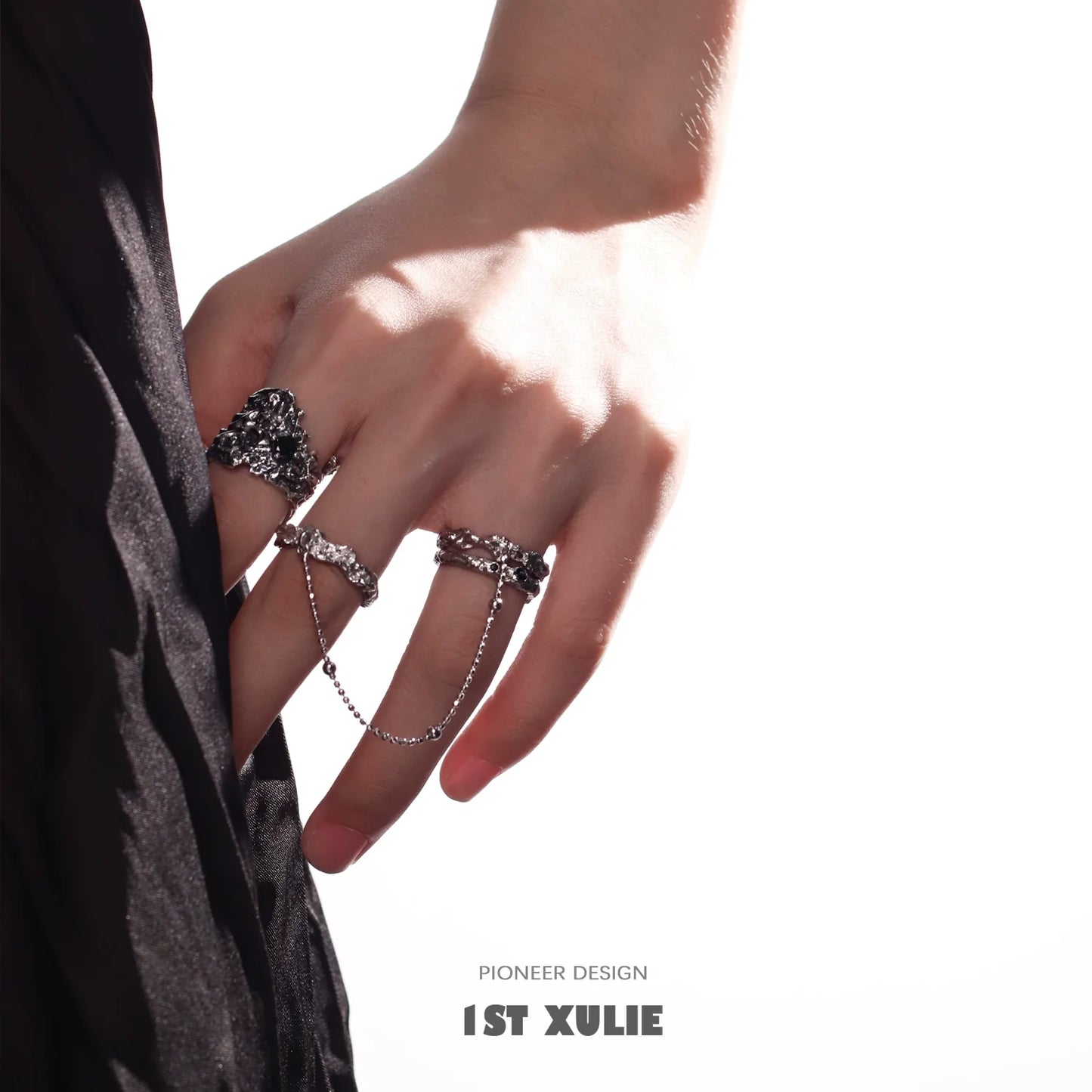 Y2K controller chain silver ring worn on hand, showcasing unique design and style