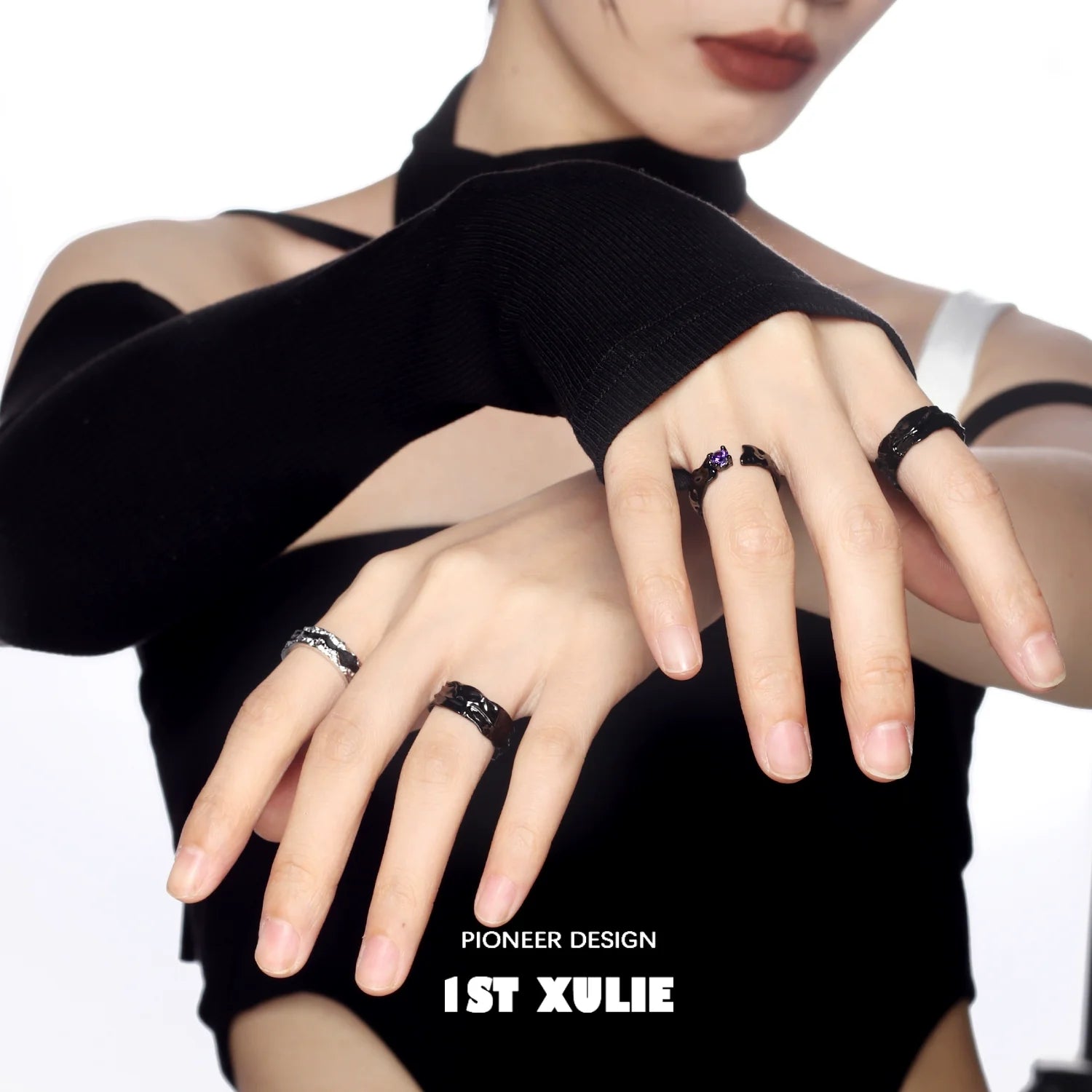 Y2K gothic couple rings styled on hands showcasing edgy design and intricate details