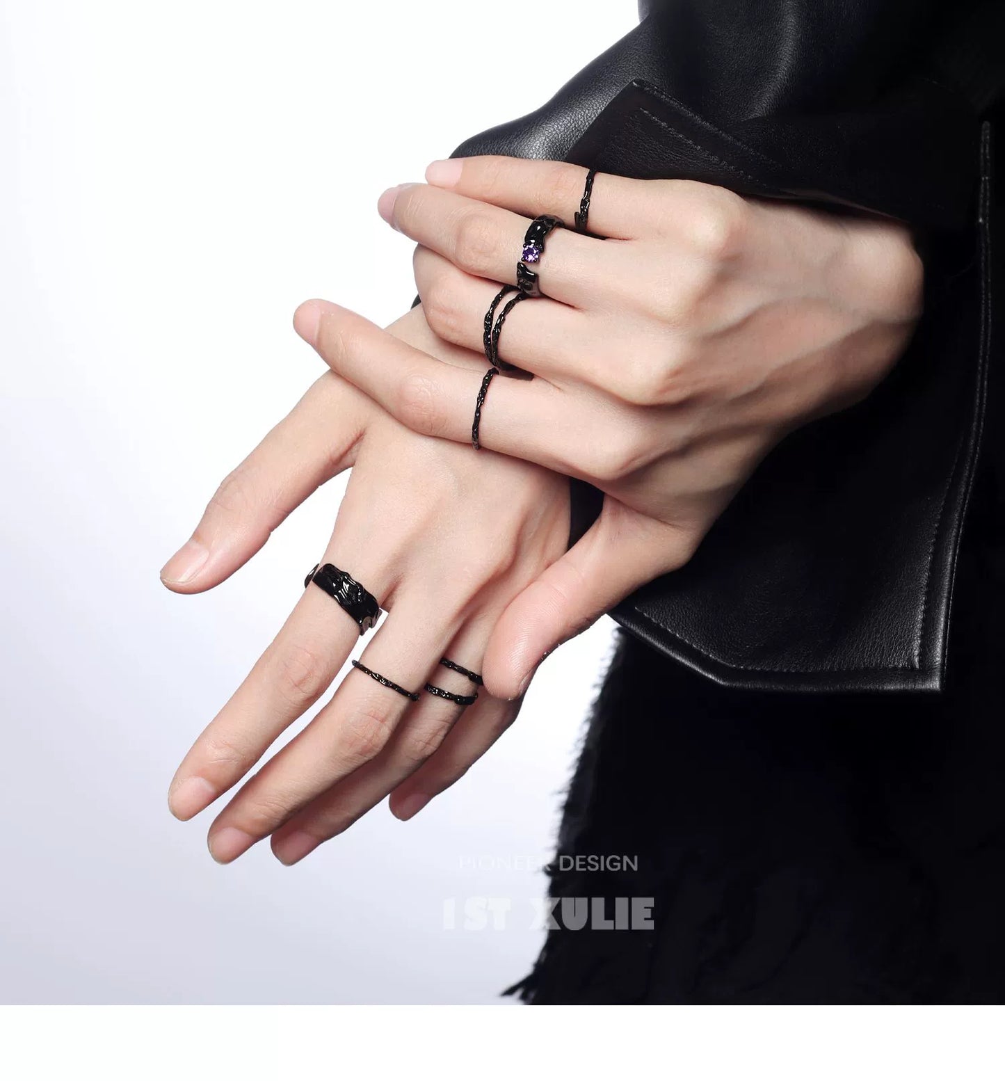 Stylish Y2K gothic couple rings displayed on hands with unique designs and elegant details