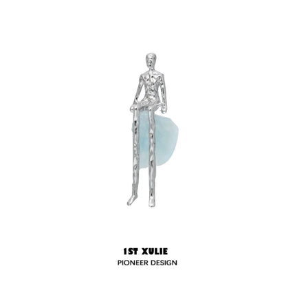 1STXULIE Y2K modern muse stud earrings featuring a unique human figure design with an aqua stone