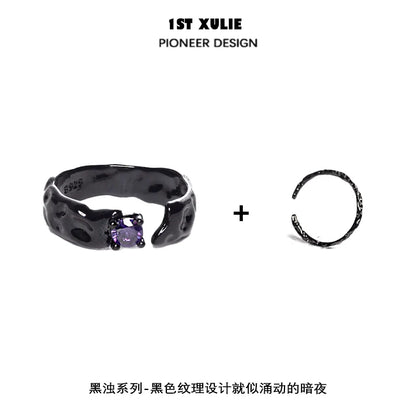 Y2K silver ring with a textured design and purple gemstone for a bold fashion statement