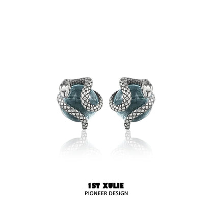 1ST XULIE Y2K snake earrings with intricate silver design and turquoise accents