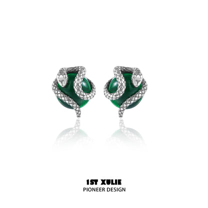 Y2K snake earrings featuring green stones and silver snake design for a trendy look