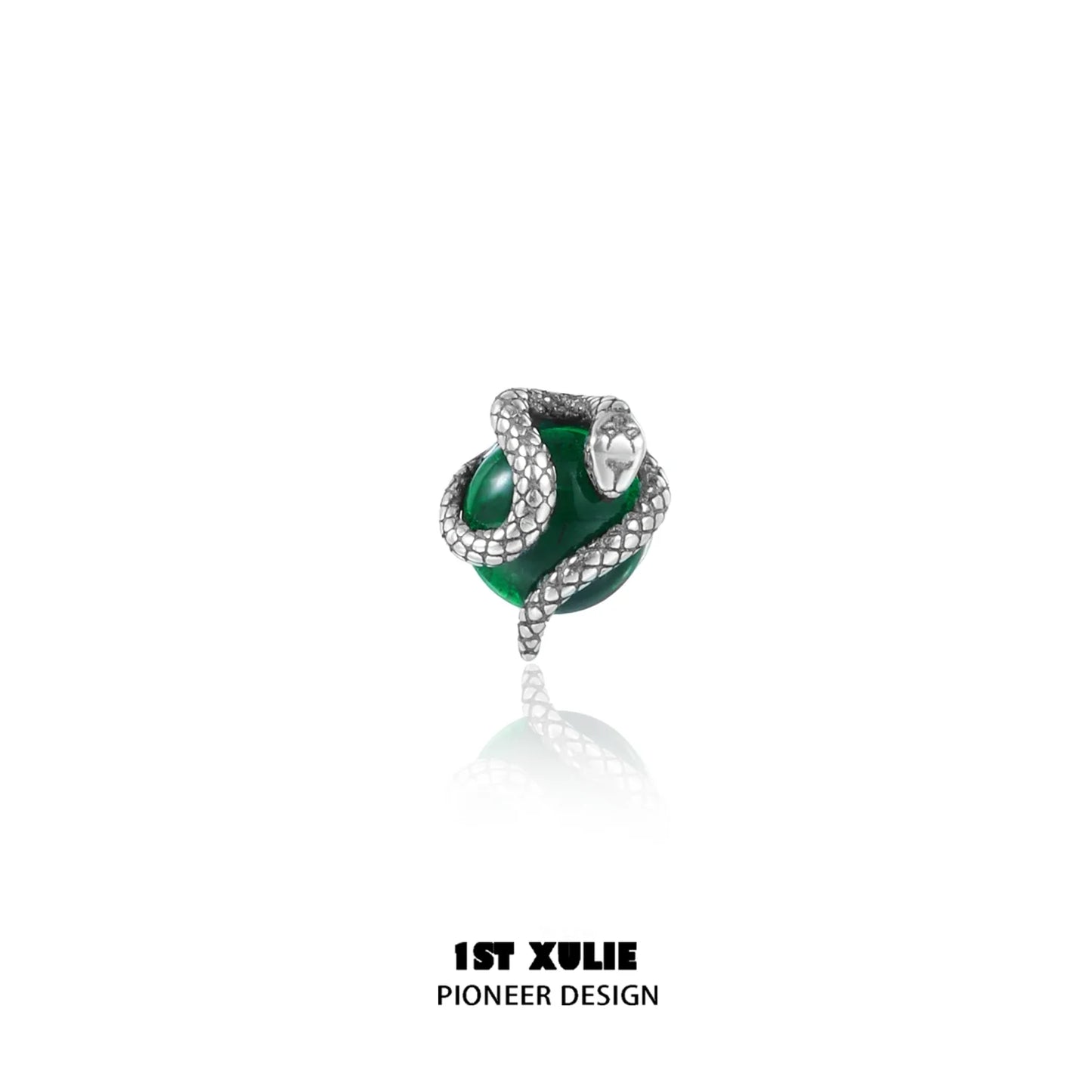 Y2K snake earrings featuring a sleek silver design with a green stone centerpiece