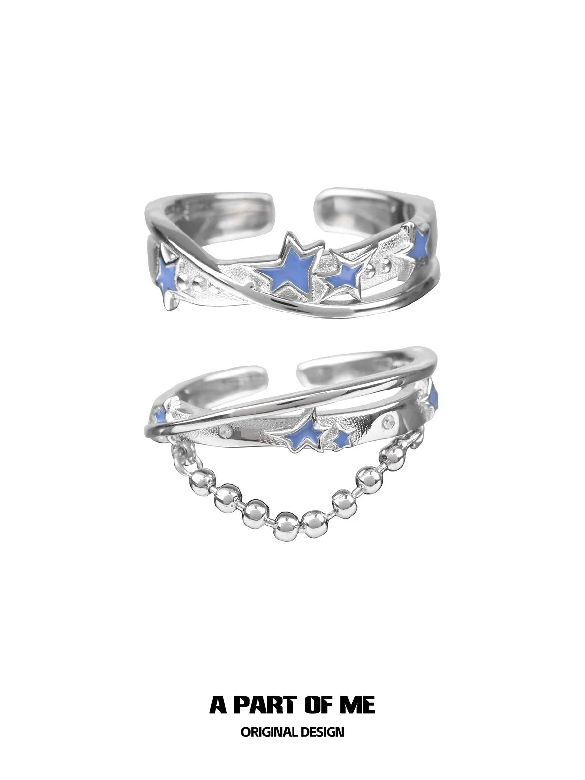 Silver planet chain ring featuring blue stars in a stylish design by A PART OF ME