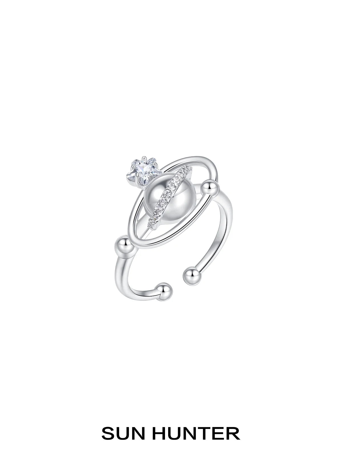 SUN HUNTER planet garden ring with sparkling gemstone and planetary design in silver tone