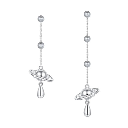 Stylish SUN HUNTER planet pearl drop earrings with silver planet design and elegant drop pearl detail