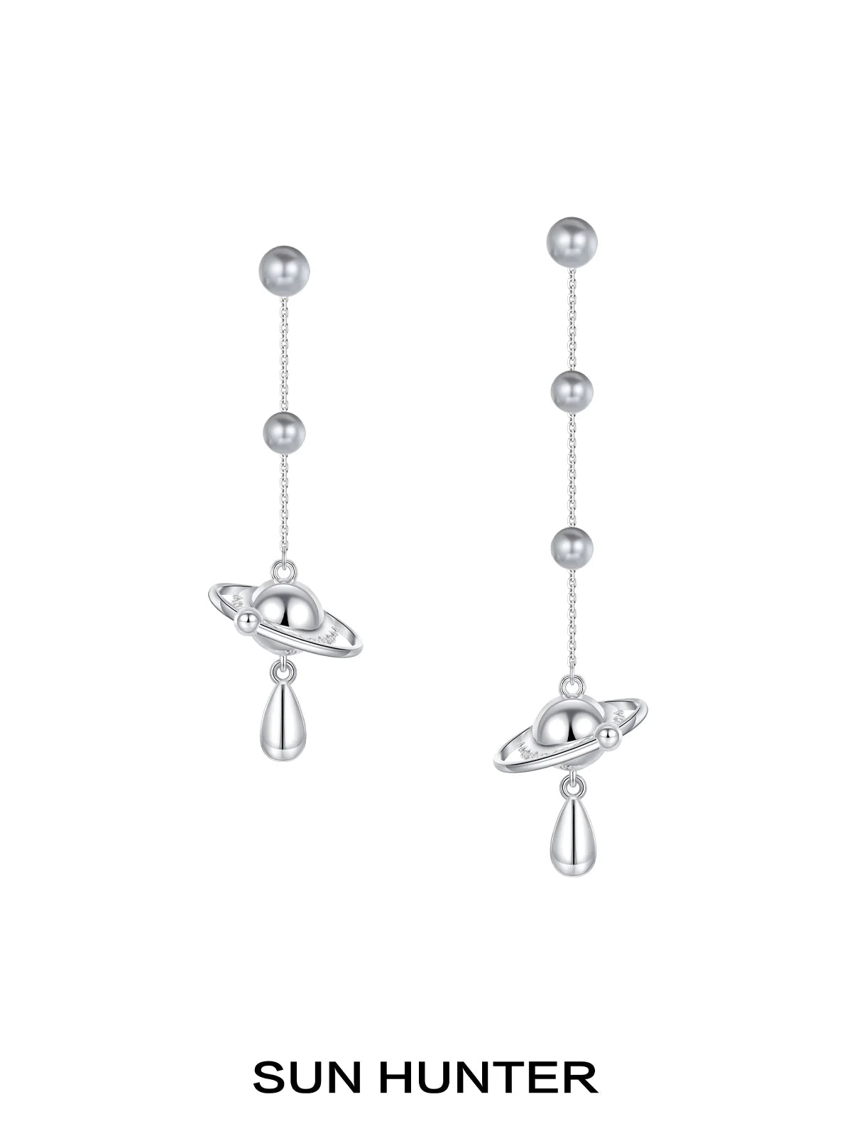 SUN HUNTER Planet Pearl Drop Earrings with Saturn Design and Elegant Silver Finish
