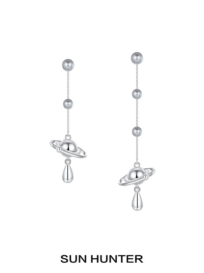 SUN HUNTER Planet Pearl Drop Earrings with Saturn Design and Elegant Silver Finish