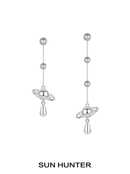 SUN HUNTER Planet Pearl Drop Earrings with Saturn Design and Elegant Silver Finish