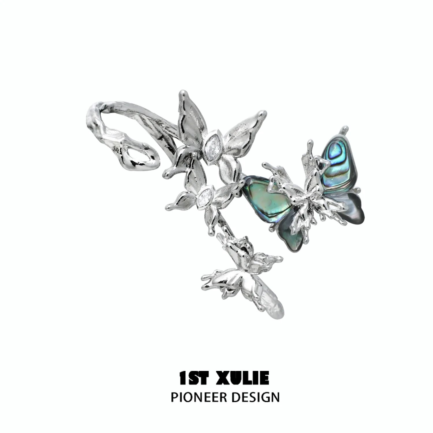 Silver punk butterfly ear clips featuring intricate floral design and colorful accents