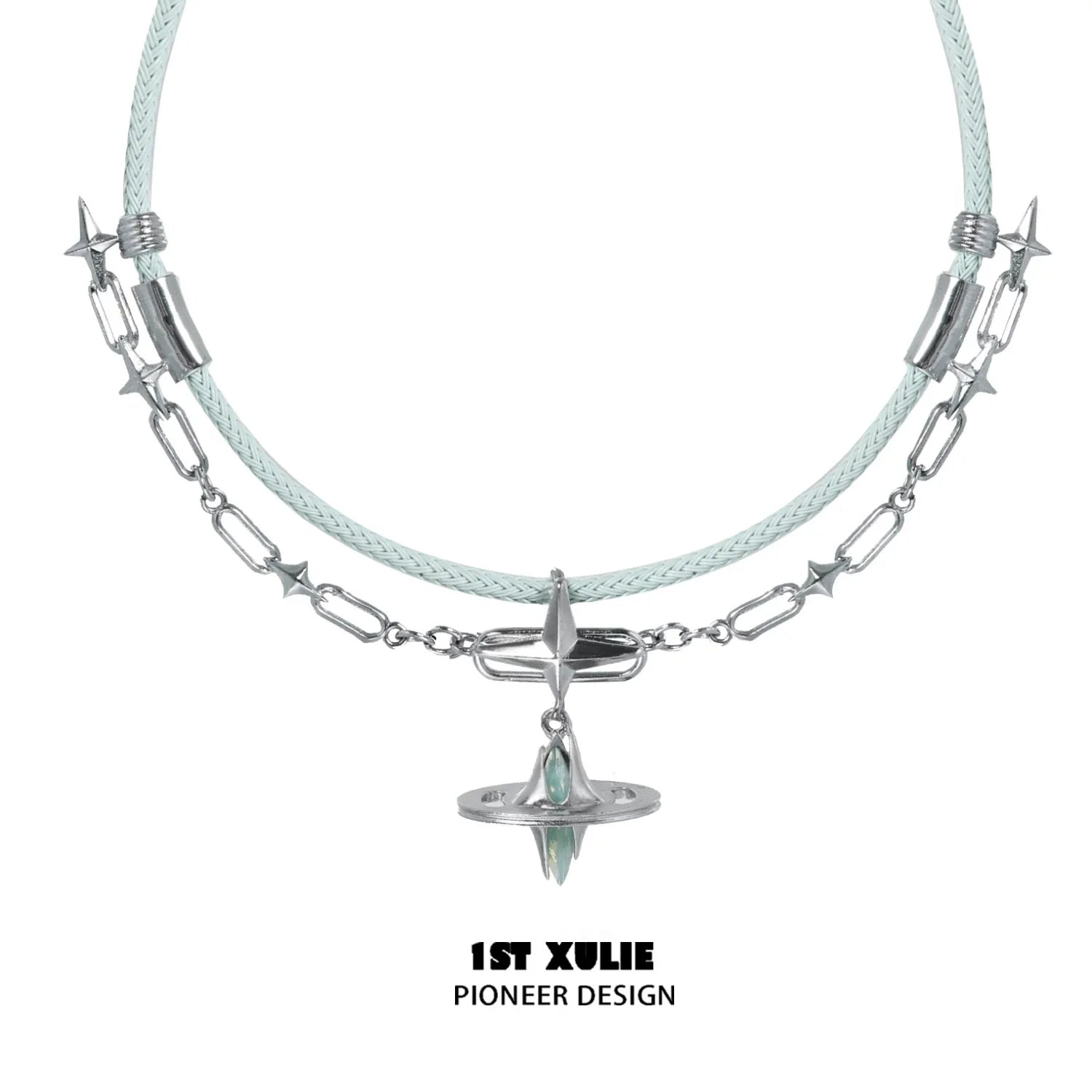 Stylish 1STXULIE punk dreamcore necklace featuring unique star and chain designs.