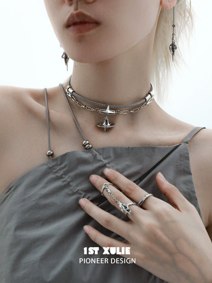 Punk dreamcore necklace layered with silver chains and unique pendants for a stylish, edgy look
