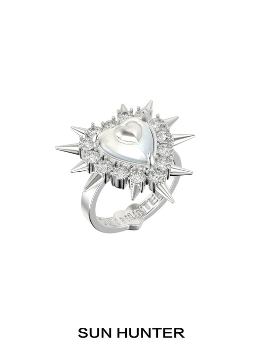SUN HUNTER punk heart rivet ring with spiked design and shining gemstones