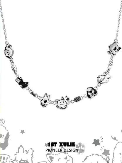 1STXULIE punk puppy necklace featuring playful animal charms on a silver chain